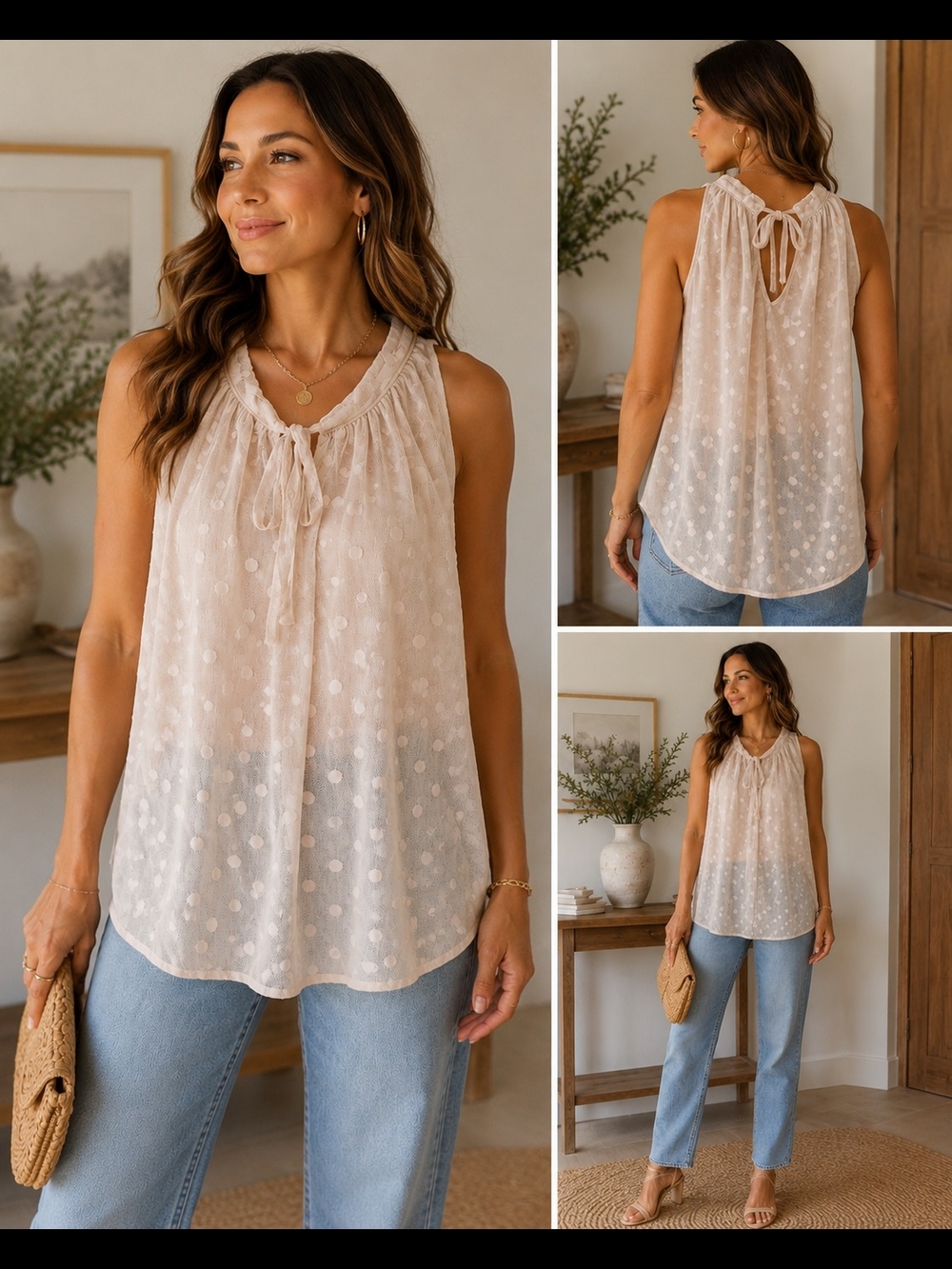Sweet Pea Cream Dot Tie-Neck Sleeveless Camisole
